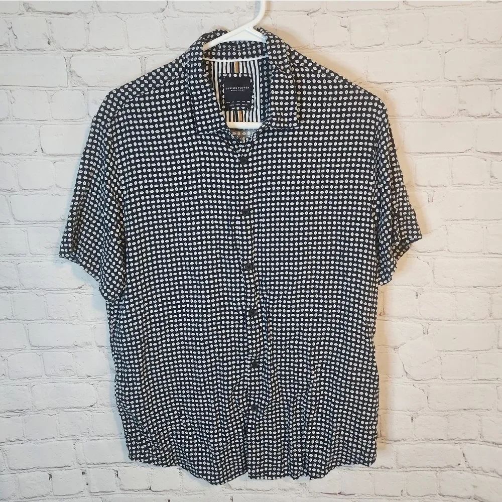 Men's Denim & Flower Black & White Patterned Button-Down Shirt, Size Large